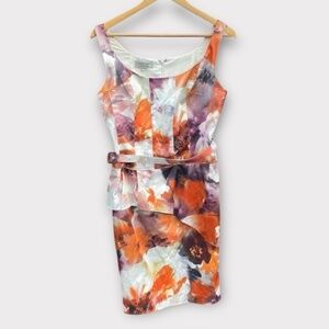 Teri Jon Floral 8 Satin Belted Sheath Knee Length Water color Floral Print Dress